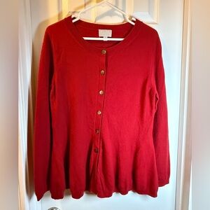Old Money Cashmere Pure Collection Red Cardigan Sweater with Peplum Hem Luxury